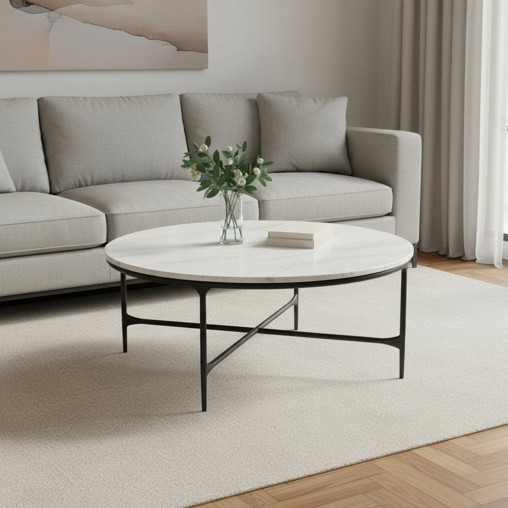 55" White and Black Genuine Marble and Iron Round Cross Legs Coffee Table