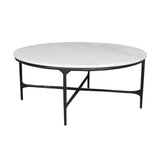 37" White and Black Genuine Marble and Iron Round Cross Legs Coffee Table