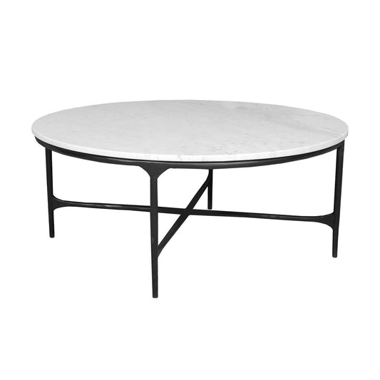 37" White and Black Genuine Marble and Iron Round Cross Legs Coffee Table