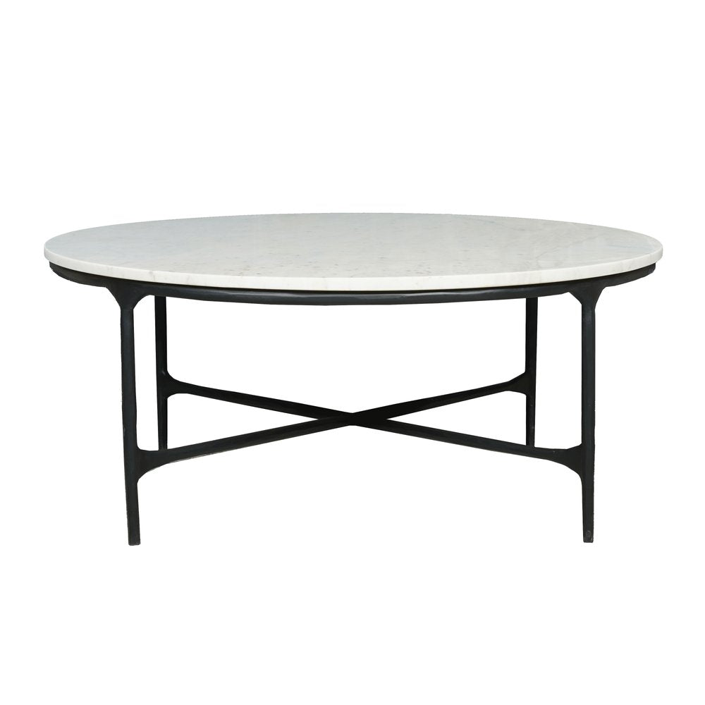 37" White and Black Genuine Marble and Iron Round Cross Legs Coffee Table