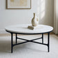 37" White and Black Genuine Marble and Iron Round Cross Legs Coffee Table