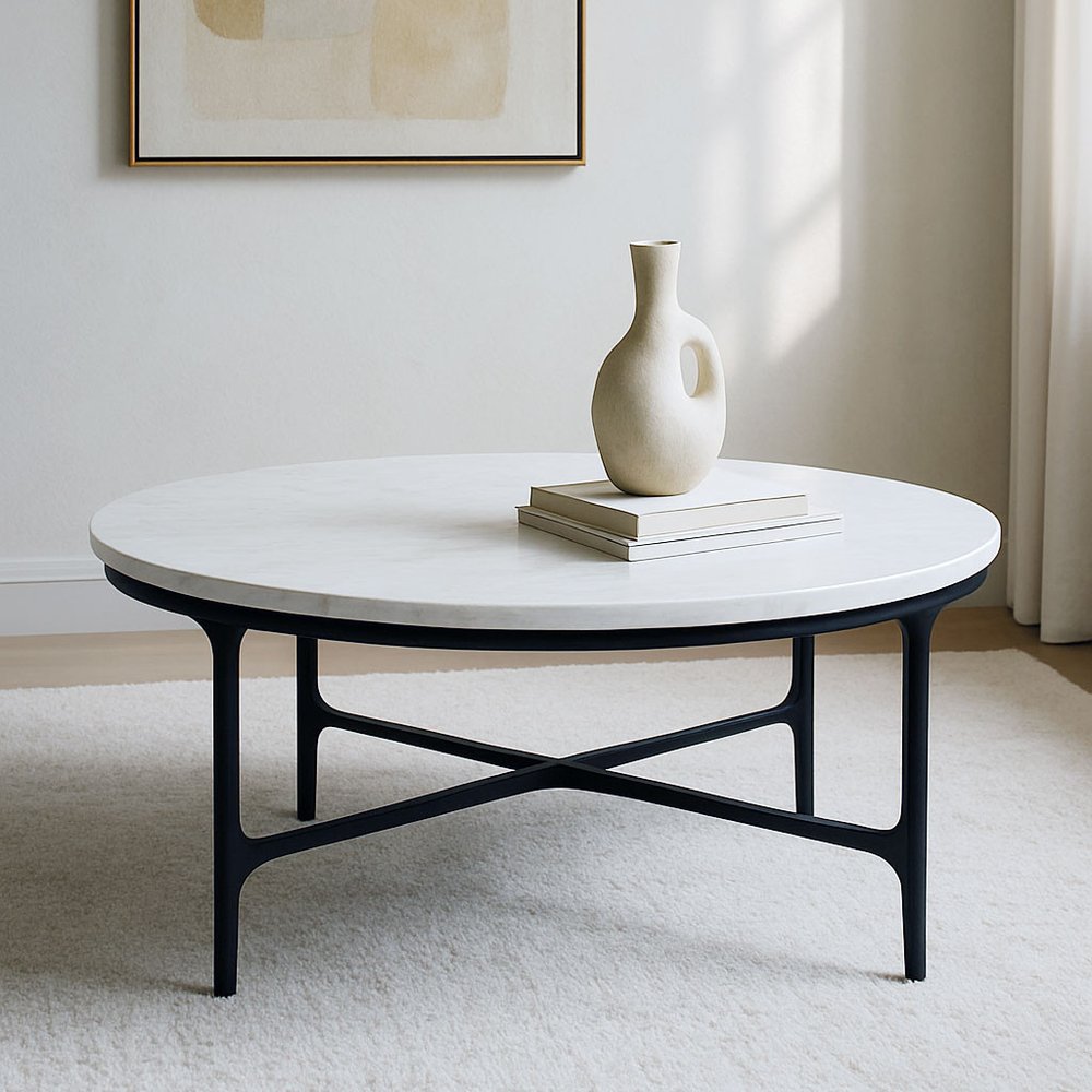37" White and Black Genuine Marble and Iron Round Cross Legs Coffee Table