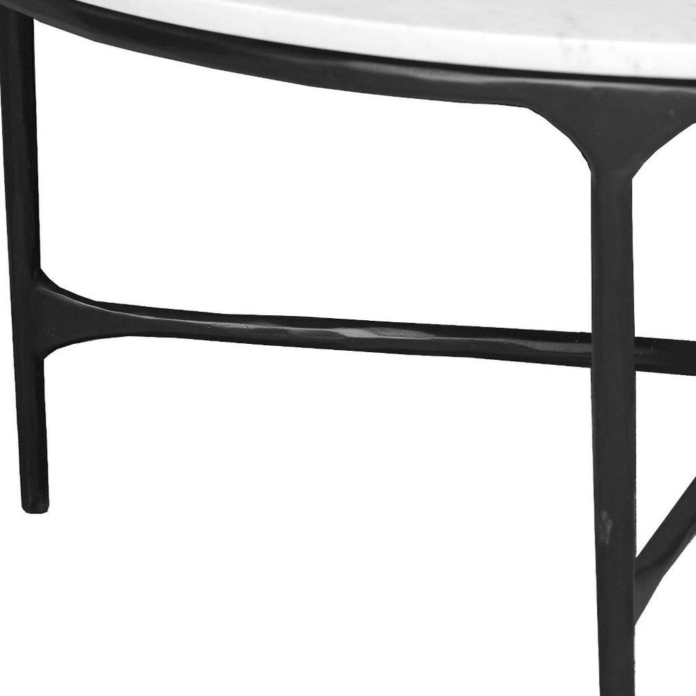 37" White and Black Genuine Marble and Iron Round Cross Legs Coffee Table