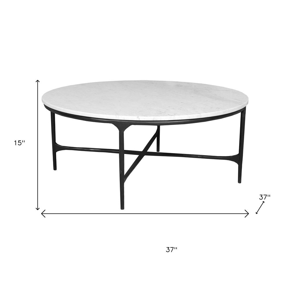 37" White and Black Genuine Marble and Iron Round Cross Legs Coffee Table