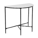 36" White and Black Genuine Marble and Iron Half Moon Console Table