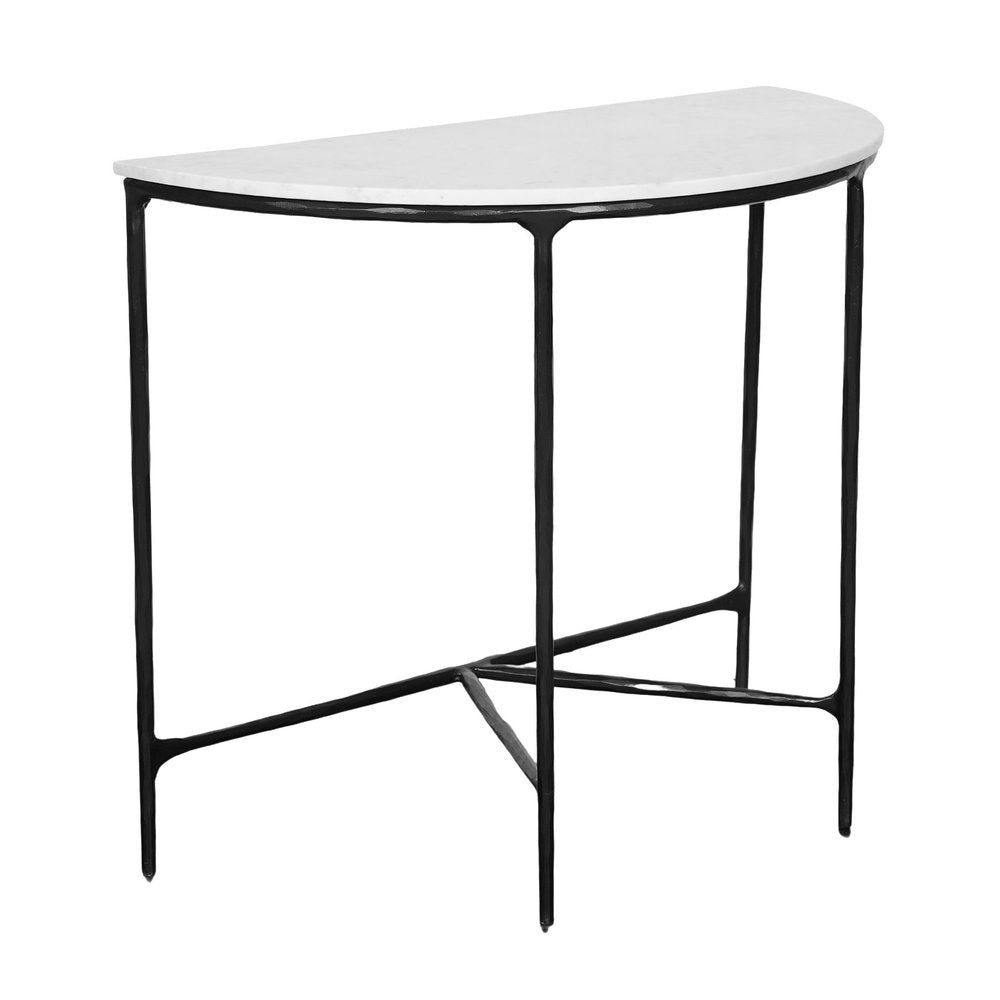 36" White and Black Genuine Marble and Iron Half Moon Console Table