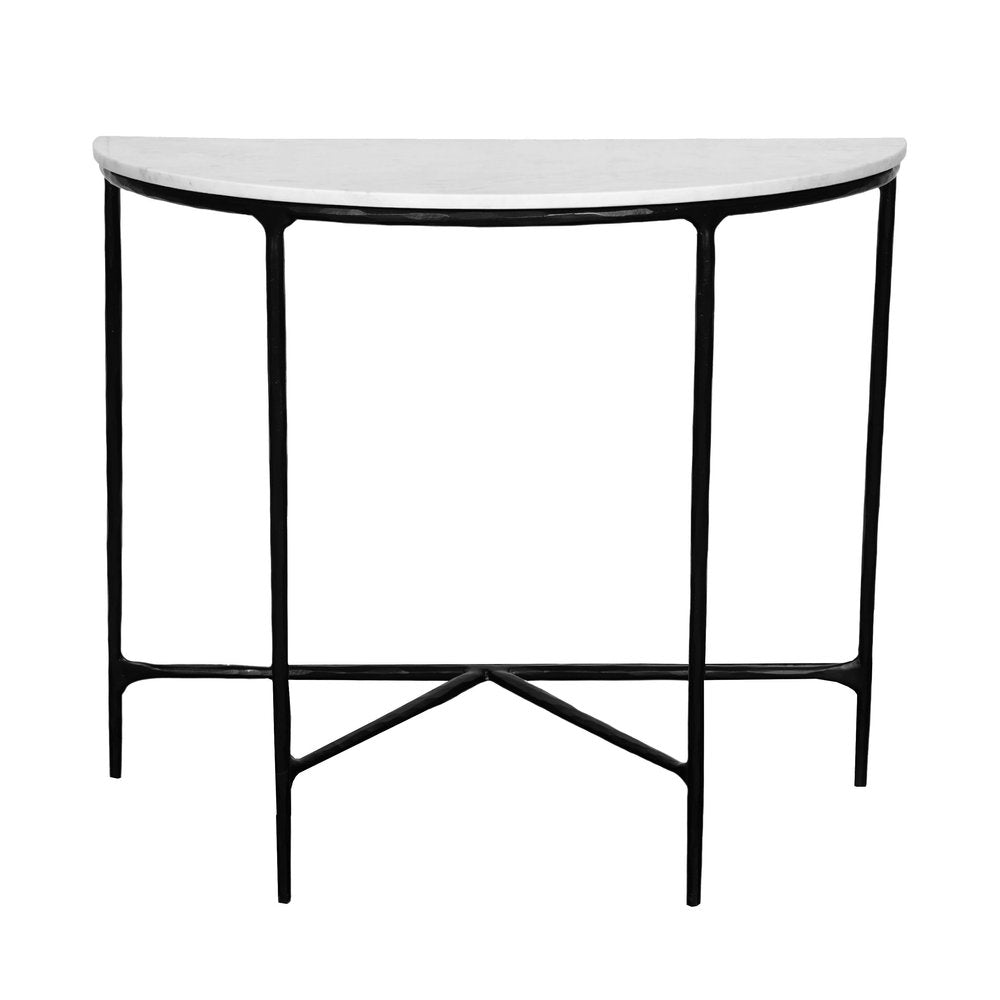 36" White and Black Genuine Marble and Iron Half Moon Console Table