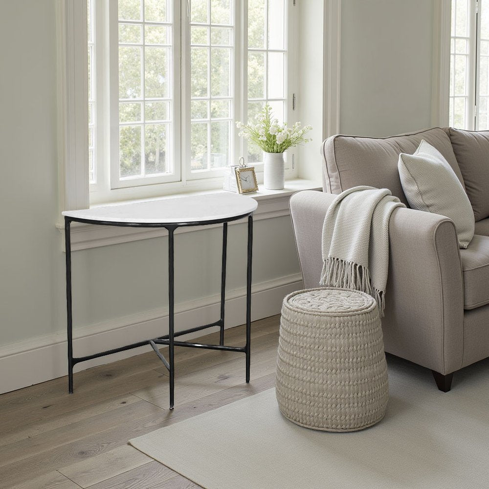 36" White and Black Genuine Marble and Iron Half Moon Console Table