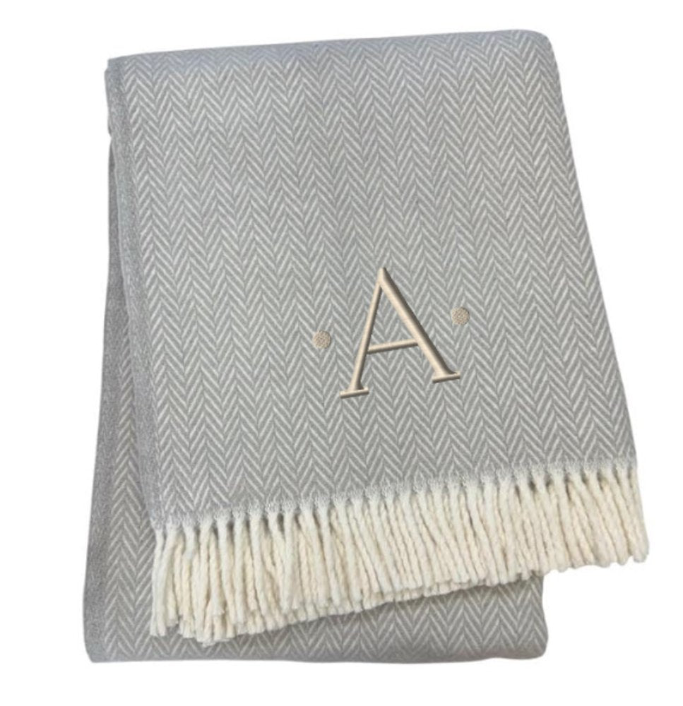 55" X 70" Gray And White Herringbone Cotton Blend R Initial Throw Blanket with Tassels And Embroidery