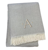 55" X 70" Gray And White Herringbone Cotton Blend R Initial Throw Blanket with Tassels And Embroidery