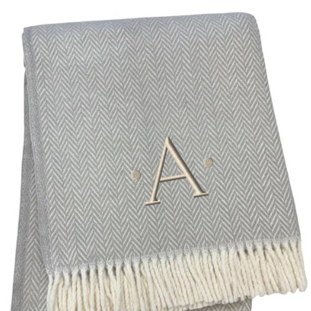 55" X 70" Gray And White Herringbone Cotton Blend R Initial Throw Blanket with Tassels And Embroidery