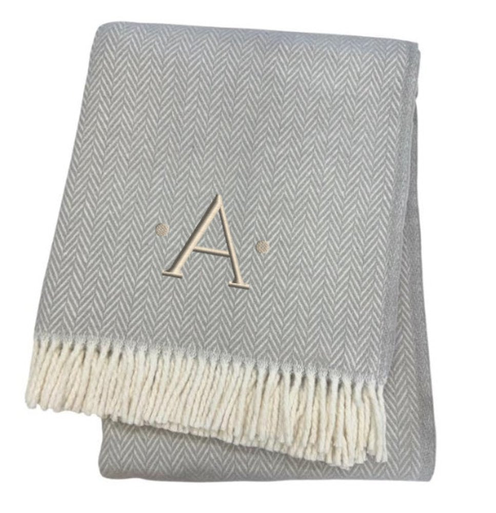 55" X 70" Gray And White Herringbone Cotton Blend R Initial Throw Blanket with Tassels And Embroidery