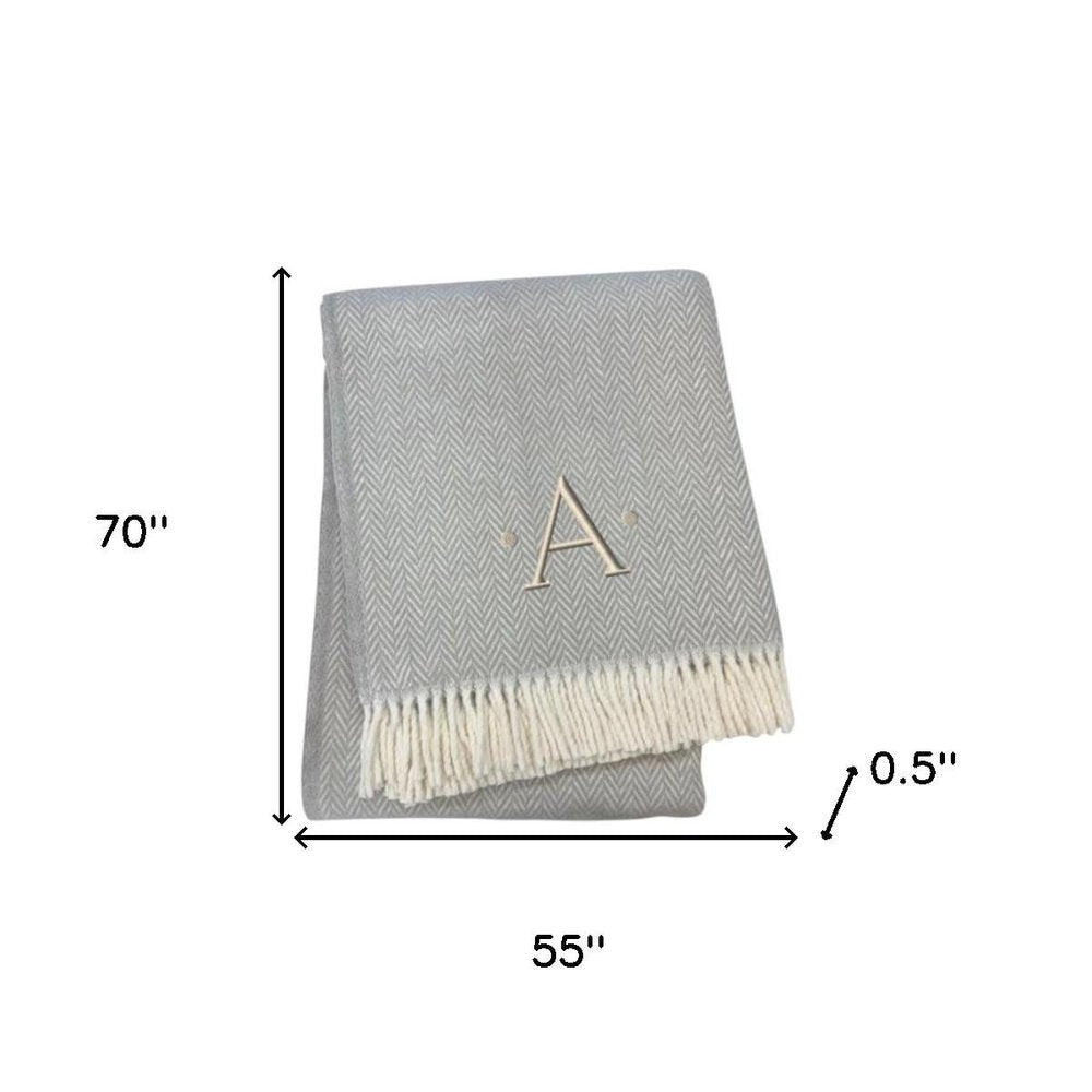 55" X 70" Gray And White Herringbone Cotton Blend R Initial Throw Blanket with Tassels And Embroidery