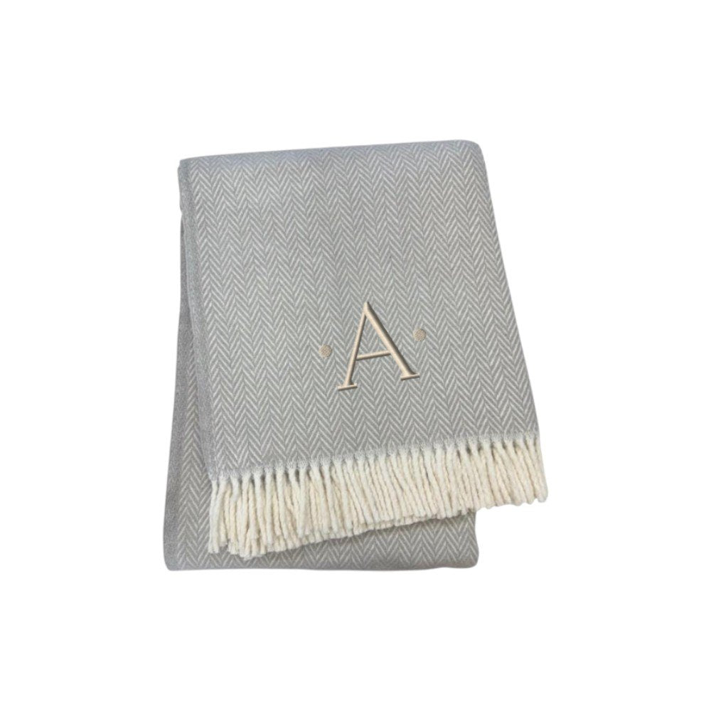 55" X 70" Gray And White Herringbone Cotton Blend R Initial Throw Blanket with Tassels And Embroidery