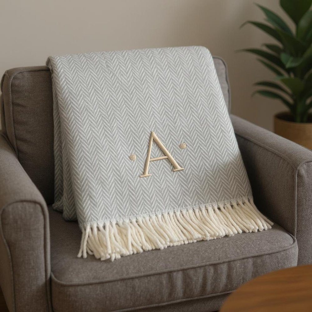 55" X 70" Gray And White Herringbone Cotton Blend R Initial Throw Blanket with Tassels And Embroidery