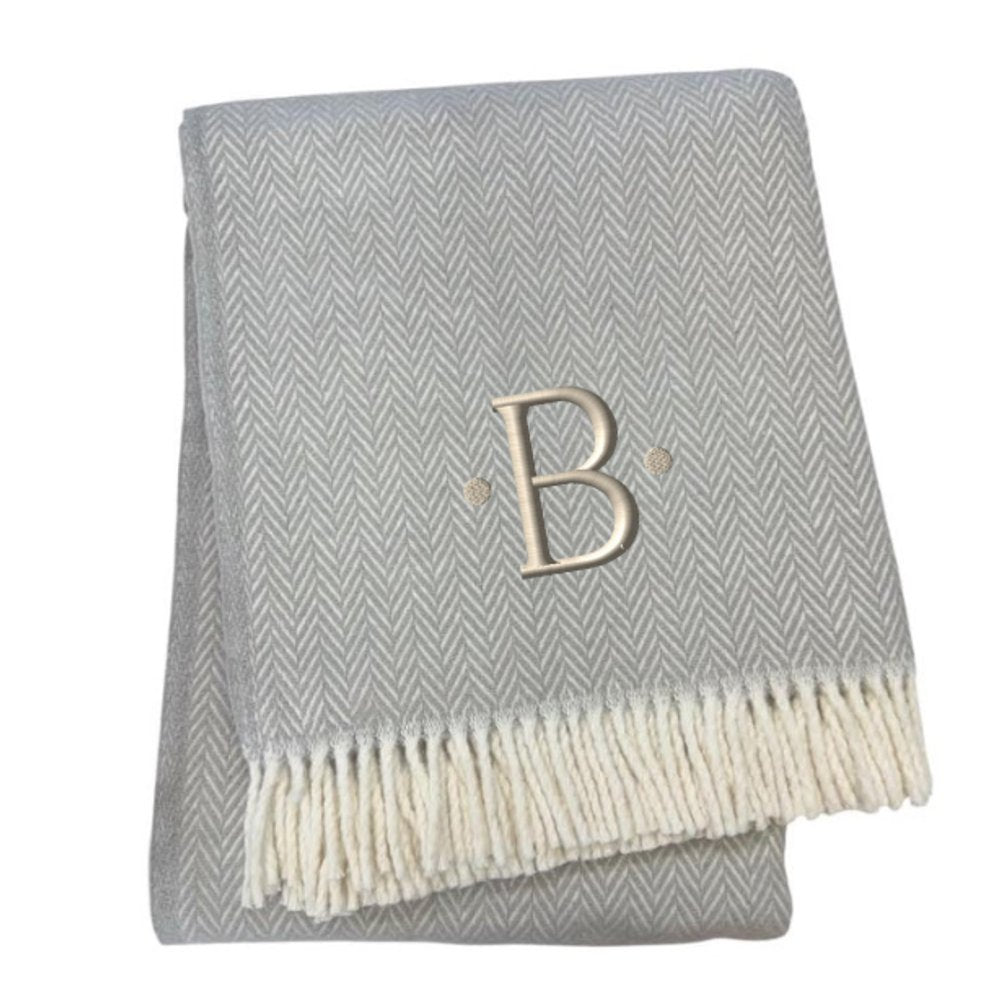 55" X 70" Gray And White Herringbone Cotton Blend R Initial Throw Blanket with Tassels And Embroidery