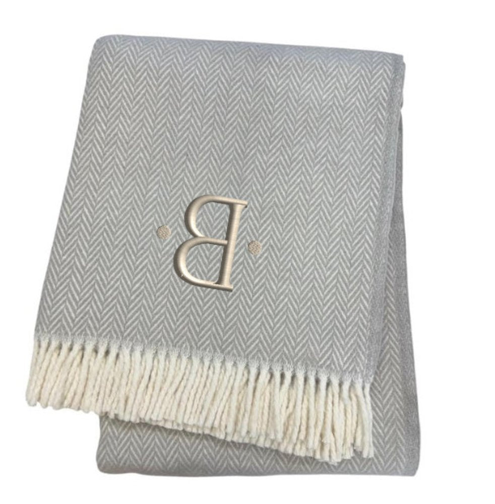 55" X 70" Gray And White Herringbone Cotton Blend R Initial Throw Blanket with Tassels And Embroidery