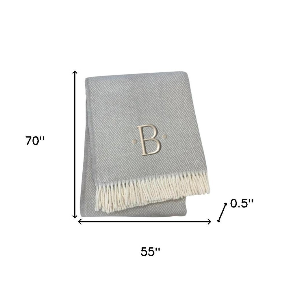 55" X 70" Gray And White Herringbone Cotton Blend R Initial Throw Blanket with Tassels And Embroidery