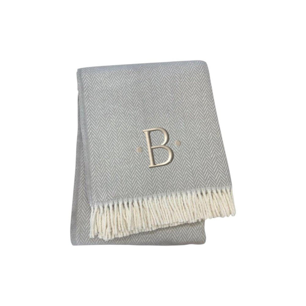 55" X 70" Gray And White Herringbone Cotton Blend R Initial Throw Blanket with Tassels And Embroidery