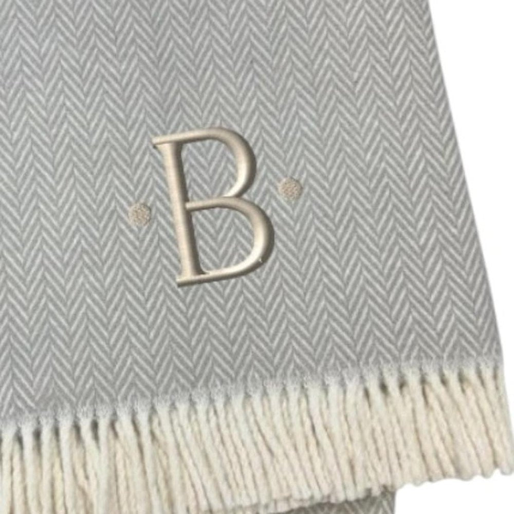 55" X 70" Gray And White Herringbone Cotton Blend R Initial Throw Blanket with Tassels And Embroidery
