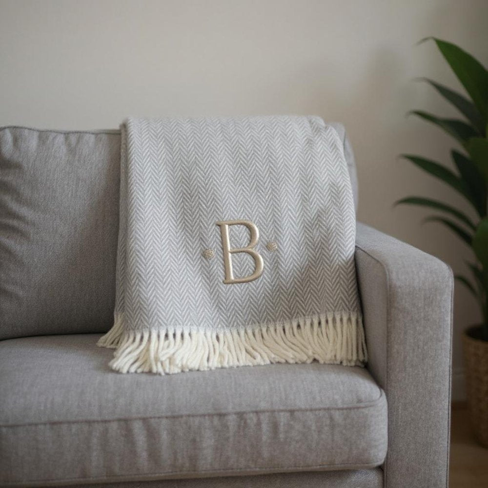 55" X 70" Gray And White Herringbone Cotton Blend R Initial Throw Blanket with Tassels And Embroidery