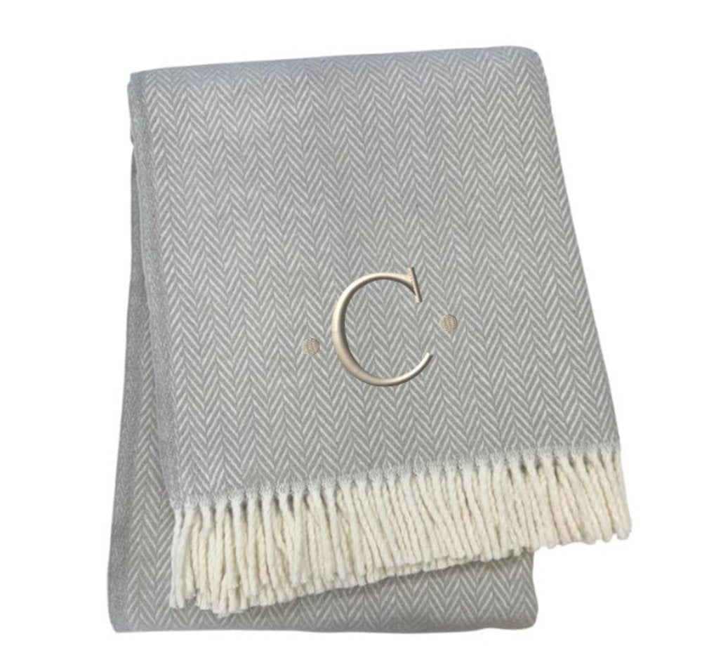 55" X 70" Gray And White Herringbone Cotton Blend R Initial Throw Blanket with Tassels And Embroidery