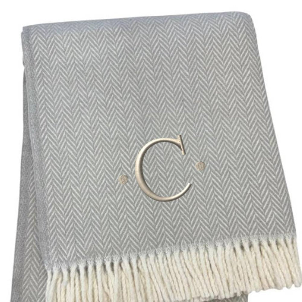 55" X 70" Gray And White Herringbone Cotton Blend R Initial Throw Blanket with Tassels And Embroidery