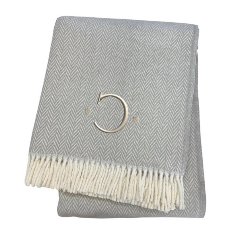 55" X 70" Gray And White Herringbone Cotton Blend R Initial Throw Blanket with Tassels And Embroidery