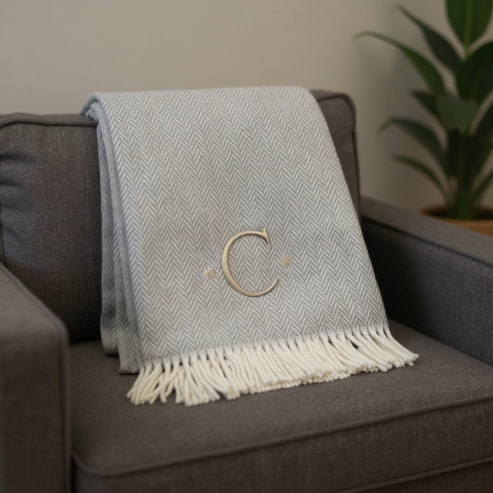 55" X 70" Gray And White Herringbone Cotton Blend A Initial Throw Blanket with Tassels And Embroidery