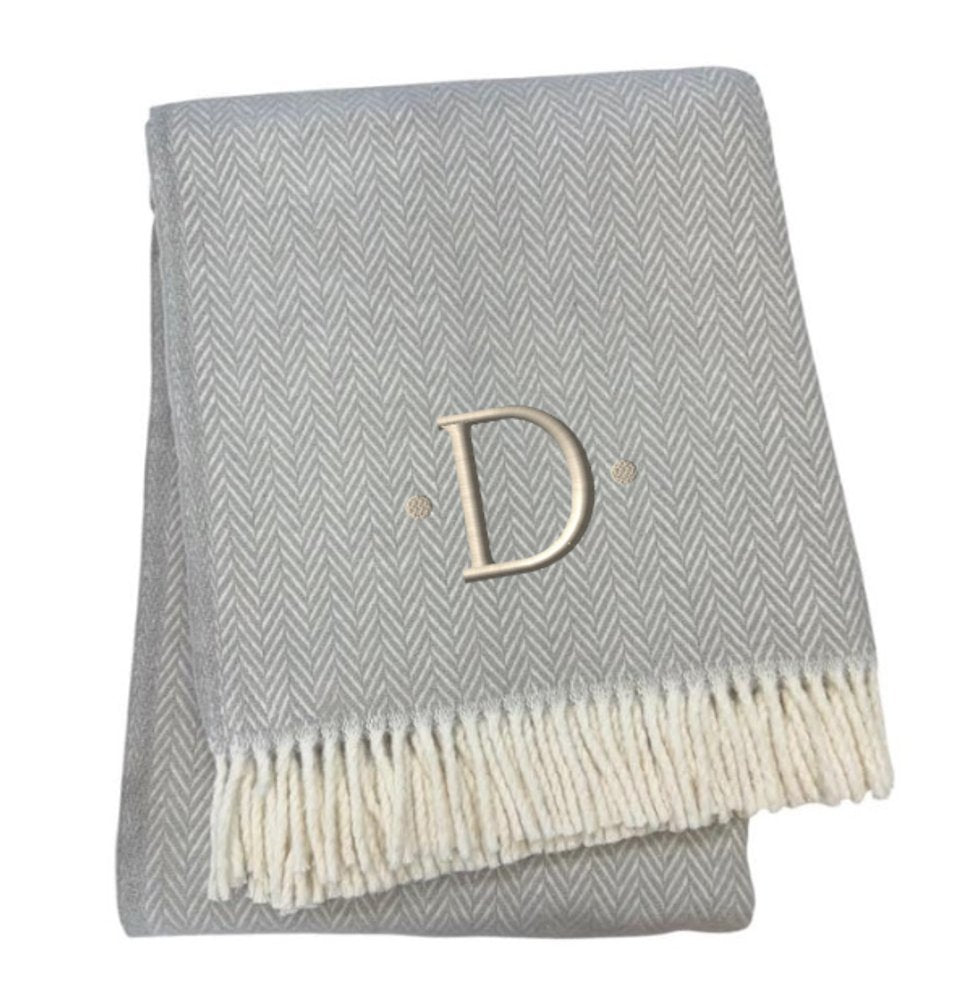 55" X 70" Gray And White Herringbone Cotton Blend A Initial Throw Blanket with Tassels And Embroidery