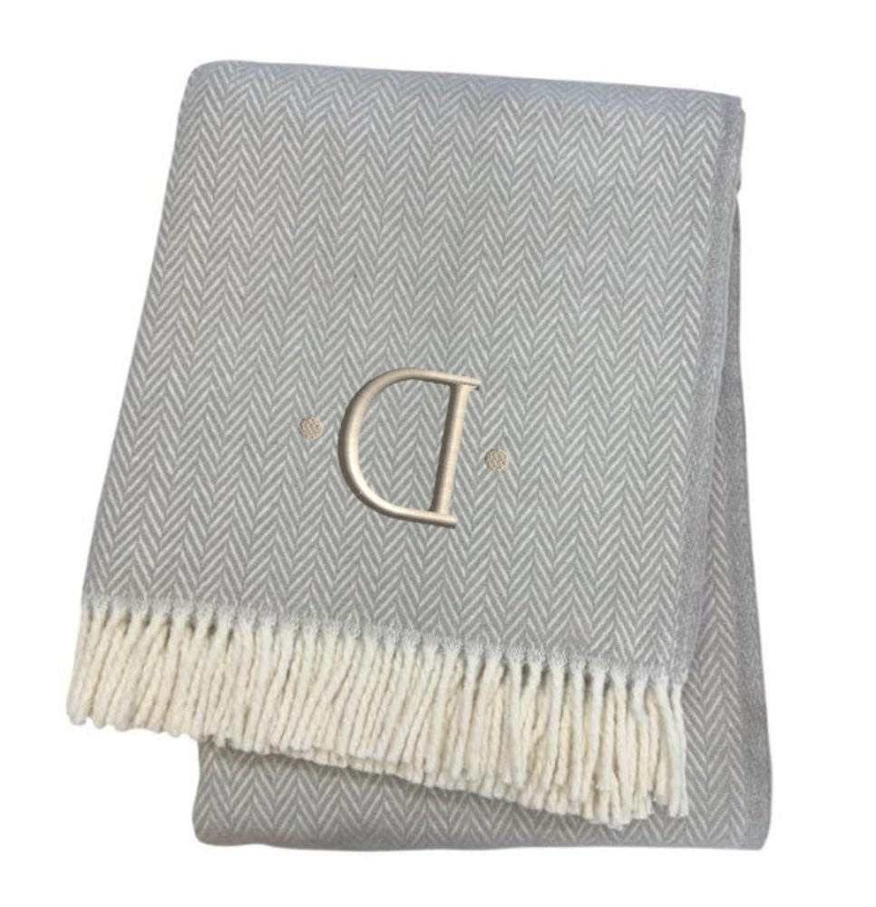 55" X 70" Gray And White Herringbone Cotton Blend A Initial Throw Blanket with Tassels And Embroidery