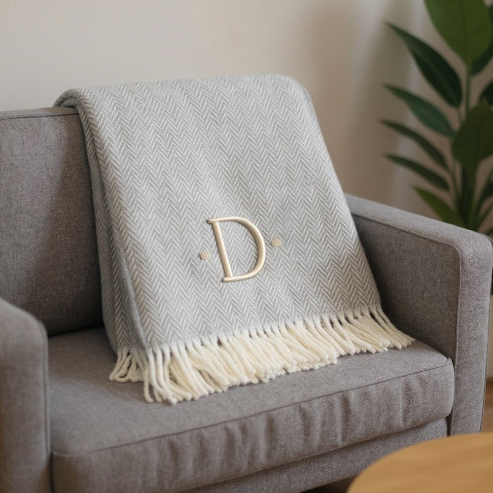 55" X 70" Gray And White Herringbone Cotton Blend A Initial Throw Blanket with Tassels And Embroidery