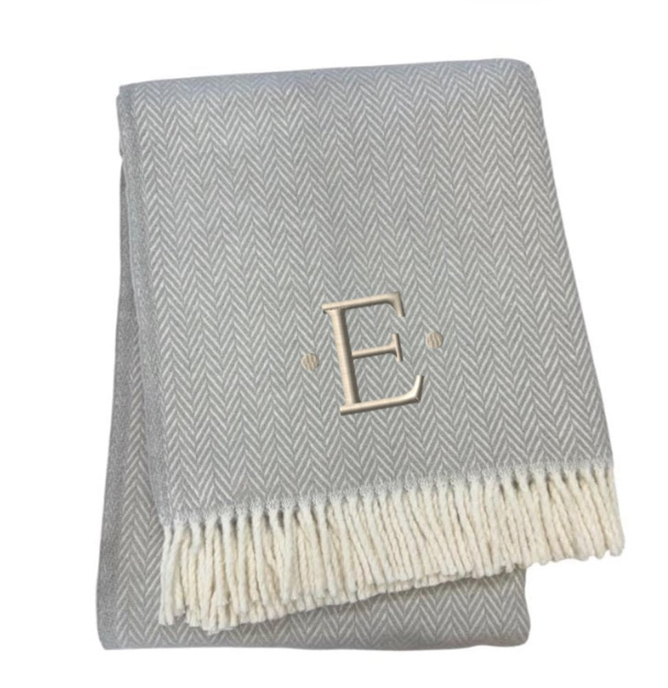 55" X 70" Gray And White Herringbone Cotton Blend A Initial Throw Blanket with Tassels And Embroidery