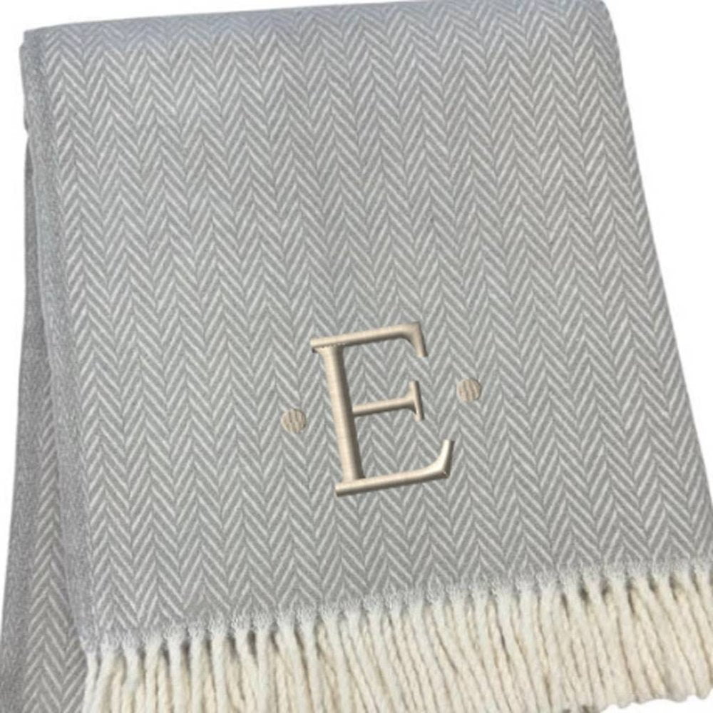 55" X 70" Gray And White Herringbone Cotton Blend A Initial Throw Blanket with Tassels And Embroidery