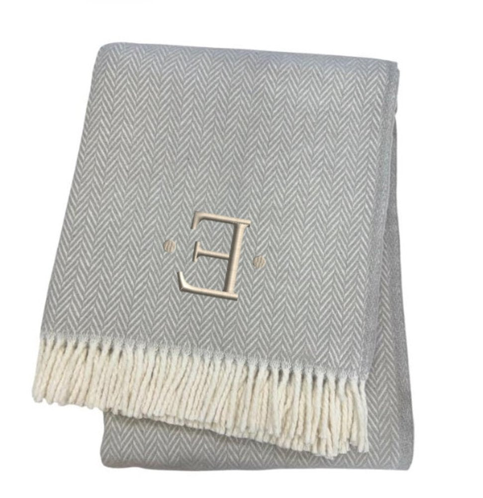 55" X 70" Gray And White Herringbone Cotton Blend A Initial Throw Blanket with Tassels And Embroidery