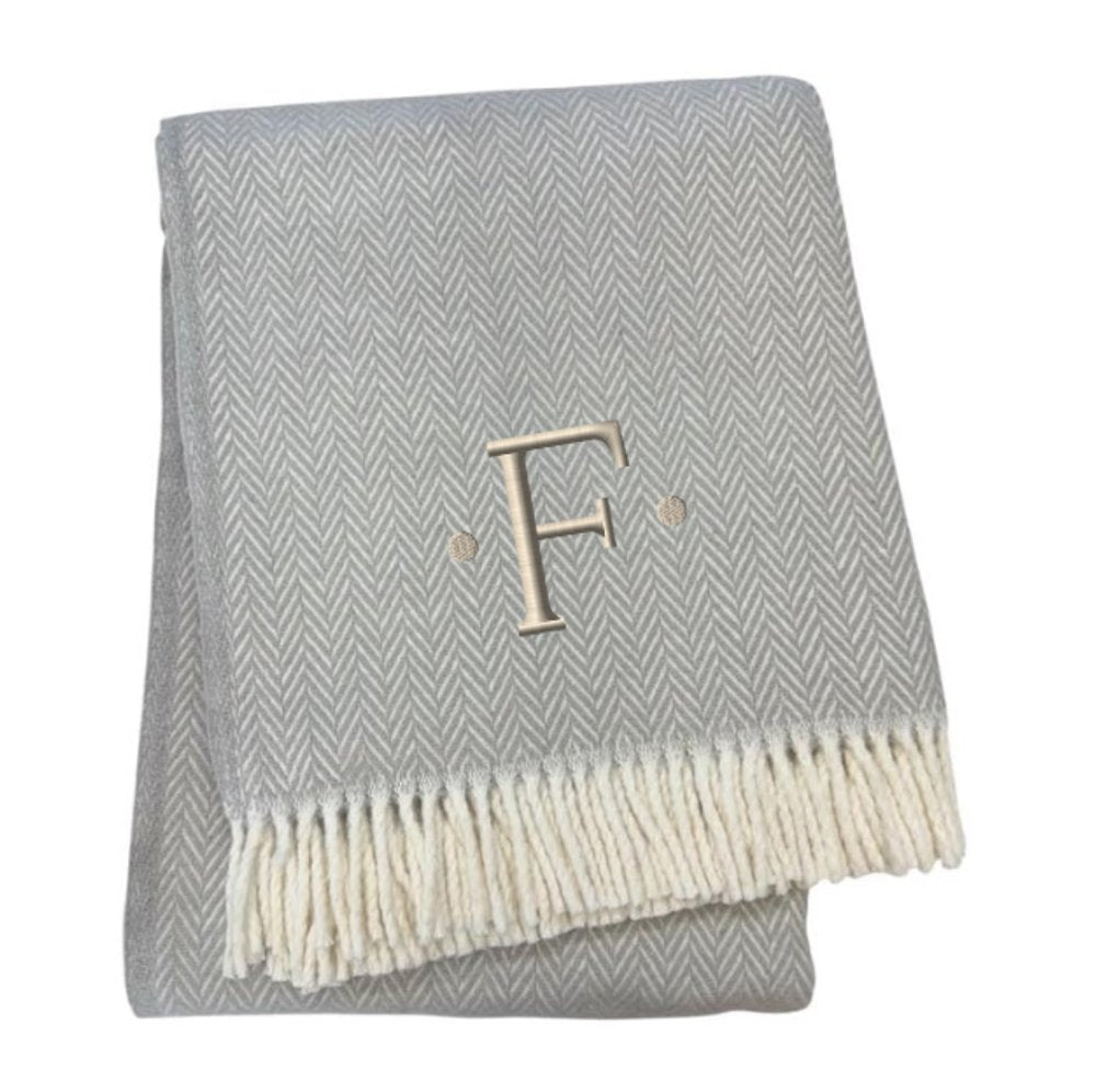 55" X 70" Gray And White Herringbone Cotton Blend A Initial Throw Blanket with Tassels And Embroidery