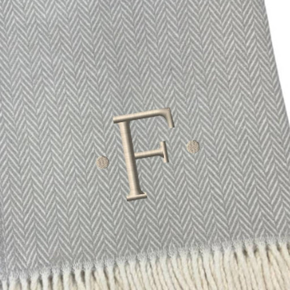 55" X 70" Gray And White Herringbone Cotton Blend A Initial Throw Blanket with Tassels And Embroidery