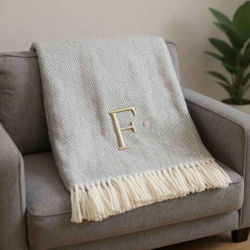 55" X 70" Gray And White Herringbone Cotton Blend A Initial Throw Blanket with Tassels And Embroidery
