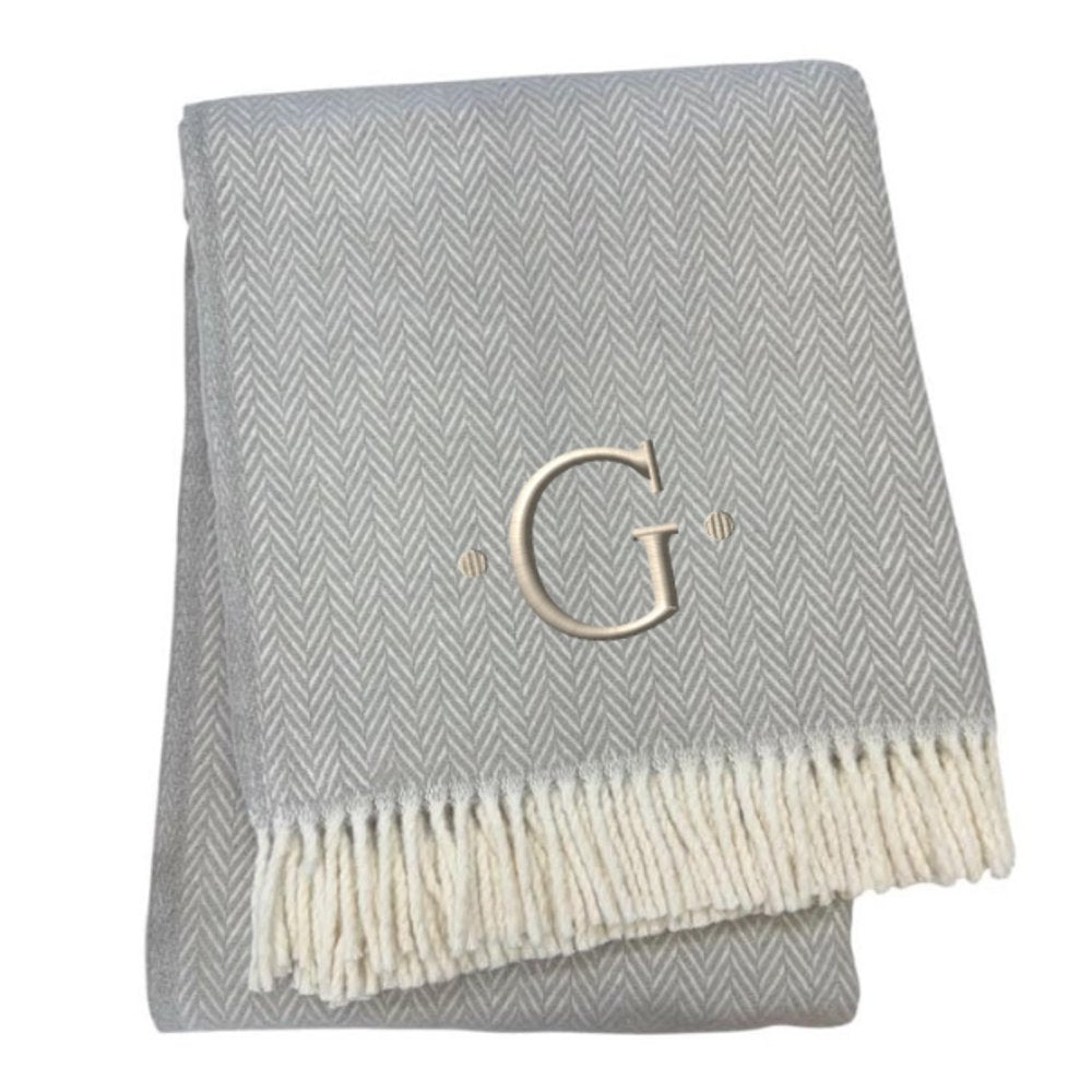 55" X 70" Gray And White Herringbone Cotton Blend A Initial Throw Blanket with Tassels And Embroidery