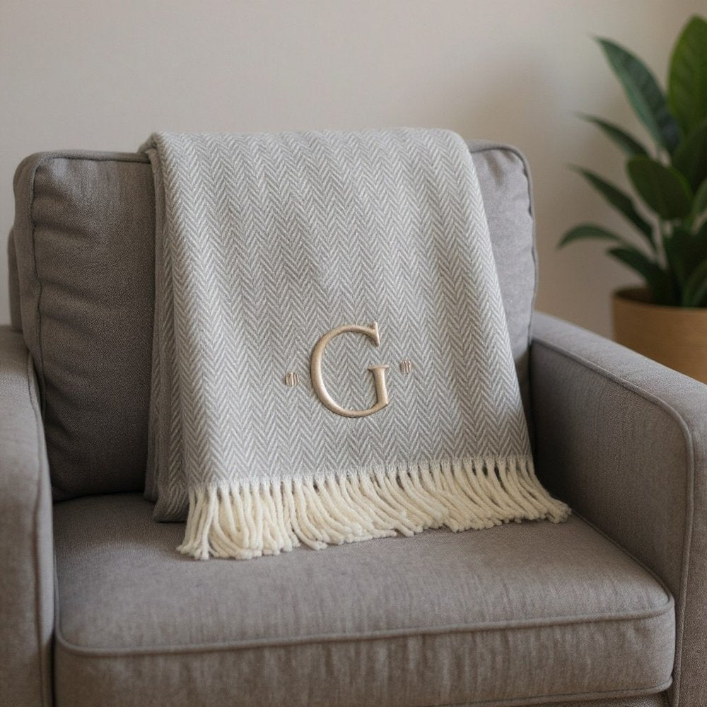 55" X 70" Gray And White Herringbone Cotton Blend A Initial Throw Blanket with Tassels And Embroidery