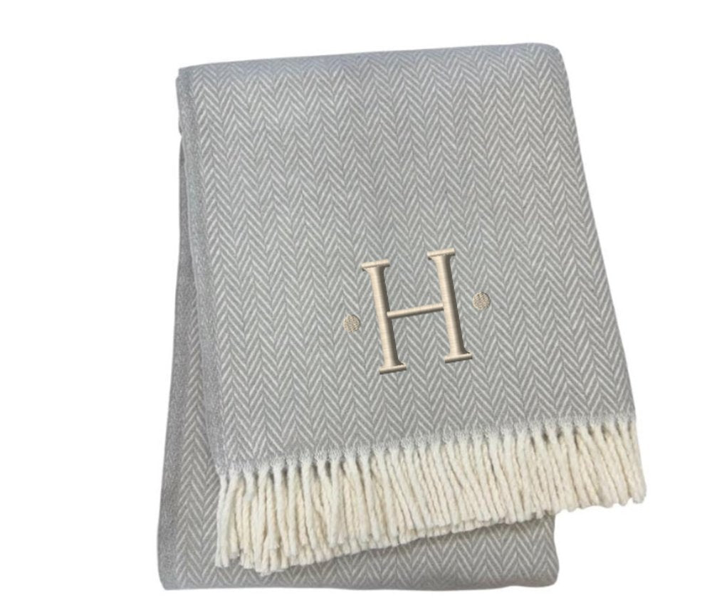 55" X 70" Gray And White Herringbone Cotton Blend A Initial Throw Blanket with Tassels And Embroidery