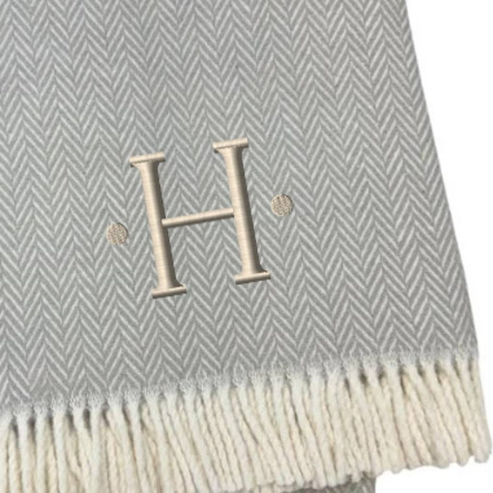 55" X 70" Gray And White Herringbone Cotton Blend A Initial Throw Blanket with Tassels And Embroidery