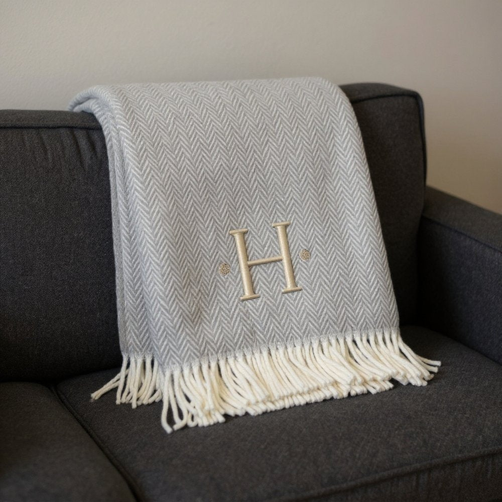 55" X 70" Gray And White Herringbone Cotton Blend A Initial Throw Blanket with Tassels And Embroidery