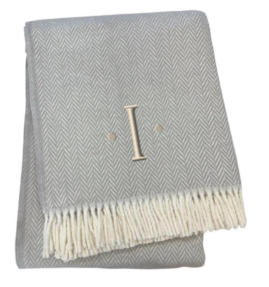 55" X 70" Gray And White Herringbone Cotton Blend A Initial Throw Blanket with Tassels And Embroidery