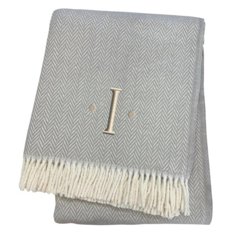 55" X 70" Gray And White Herringbone Cotton Blend A Initial Throw Blanket with Tassels And Embroidery