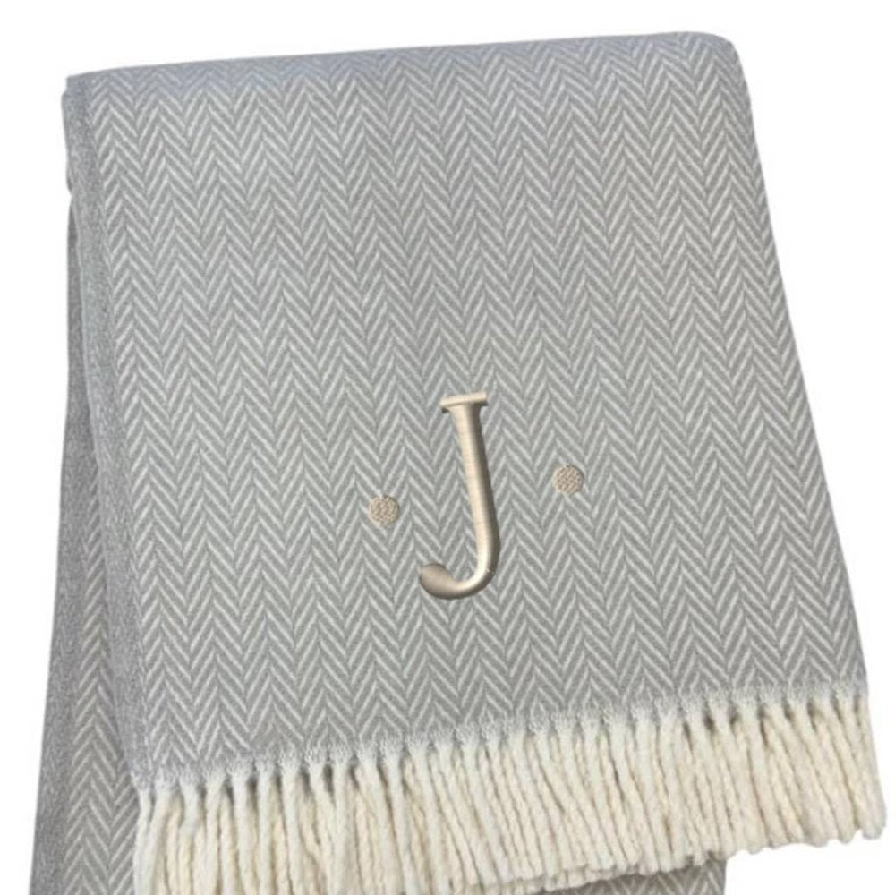 55" X 70" Gray And White Herringbone Cotton Blend A Initial Throw Blanket with Tassels And Embroidery