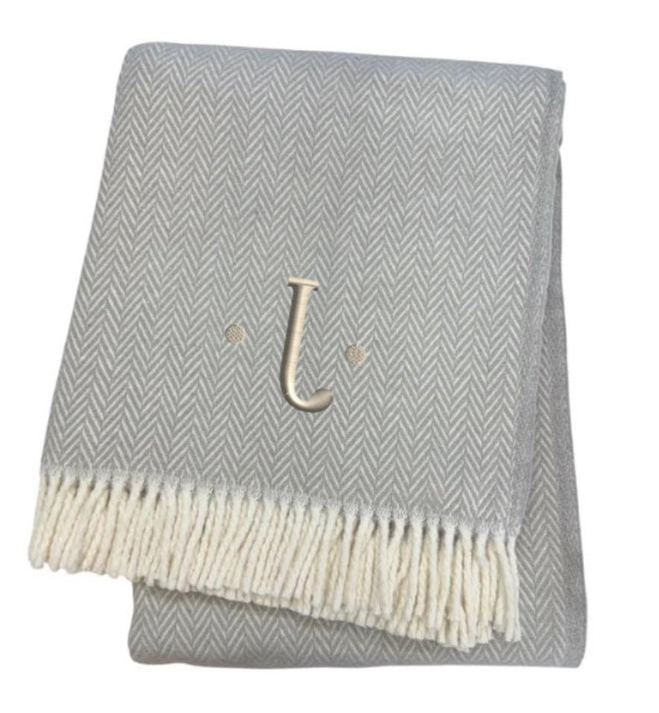 55" X 70" Gray And White Herringbone Cotton Blend A Initial Throw Blanket with Tassels And Embroidery