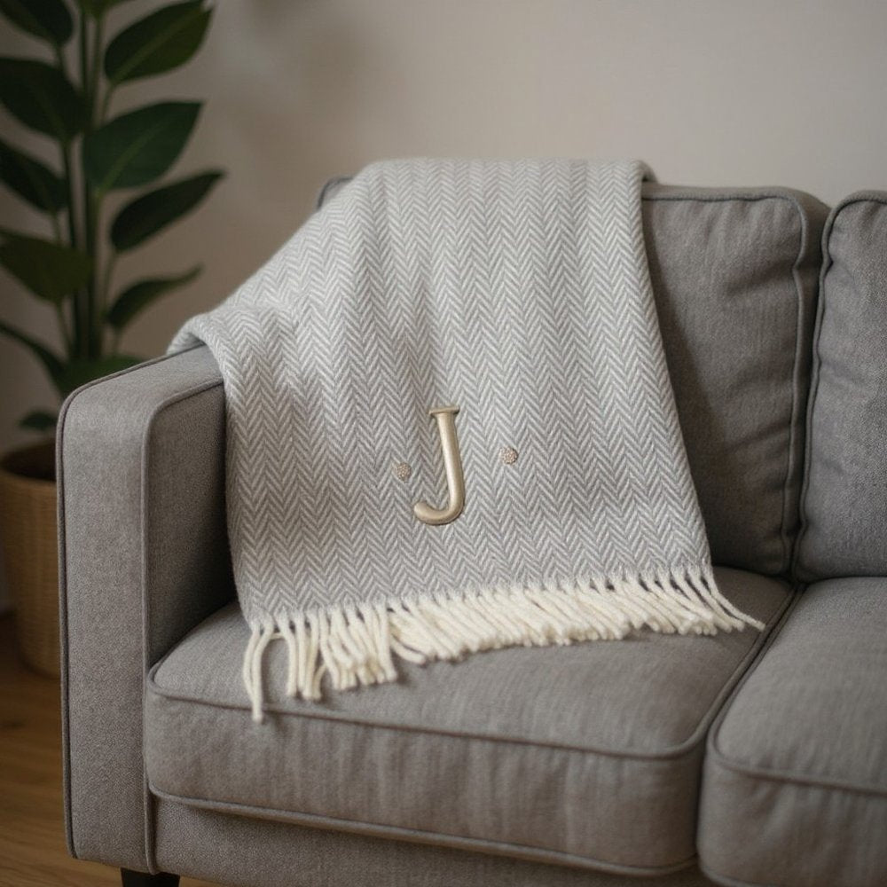 55" X 70" Gray And White Herringbone Cotton Blend A Initial Throw Blanket with Tassels And Embroidery