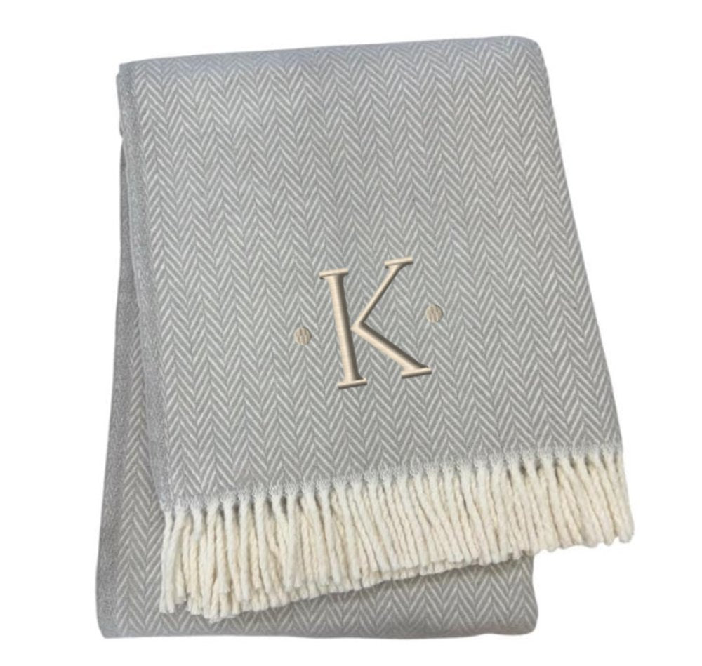 55" X 70" Gray And White Herringbone Cotton Blend A Initial Throw Blanket with Tassels And Embroidery