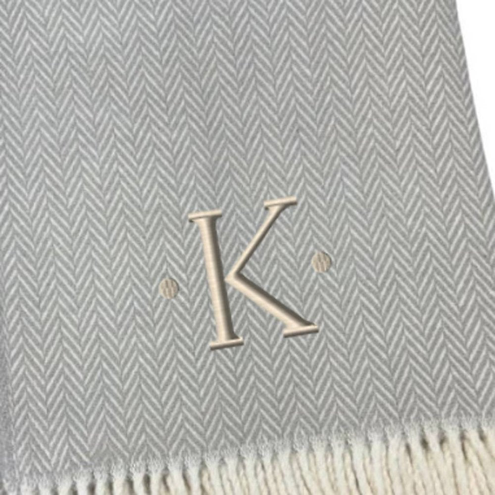 55" X 70" Gray And White Herringbone Cotton Blend A Initial Throw Blanket with Tassels And Embroidery